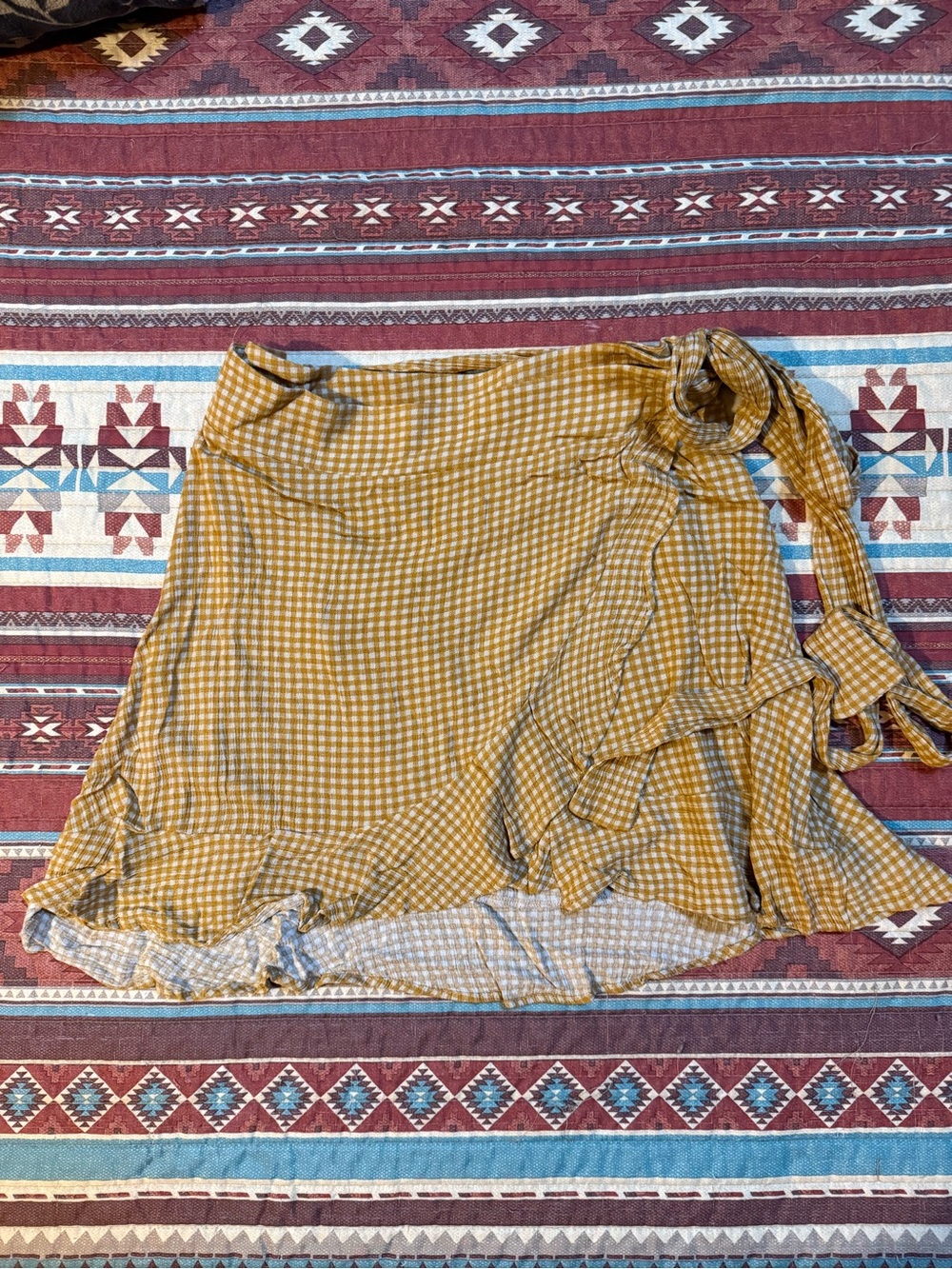 Le Reveur Mustard Gingham Wrap Skirt with Tie size small